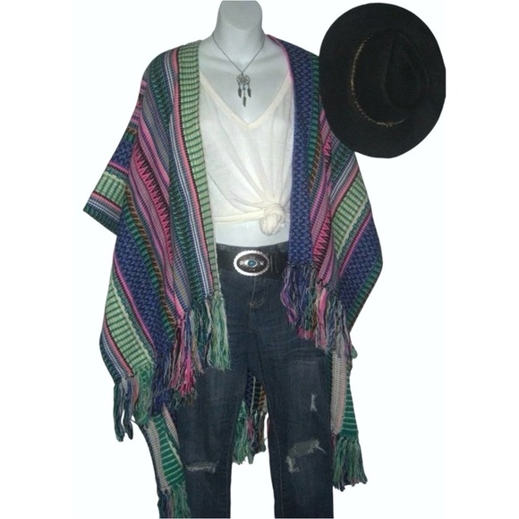 America & Beyond Poncho Blanket Southwestern Bohemian Shawl Cardi Duster Boho M - Picture 5 of 13